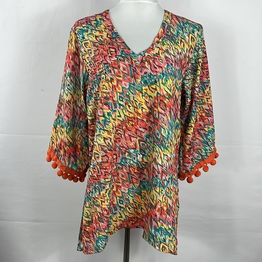 Uncle Frank Bell Sleeve Multicolor Tunic Top Dress With Pom Pom Fringe Detail S